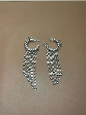 Source Unknown Silver Chain Fringe Hoop Earrings with Layered Tassels